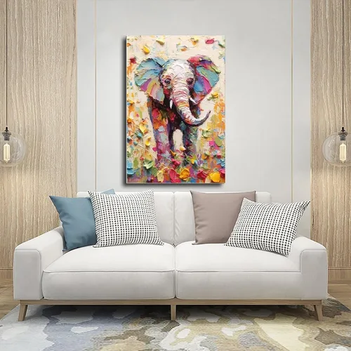 Vista 5 de Fyzuf Arte de pared de elefante - Pintura al óleo sobre lienzo, estilo cubismo, estética de elefante colorido, 12 x 18 pulgadas (11.8 x 17.7 in) sin