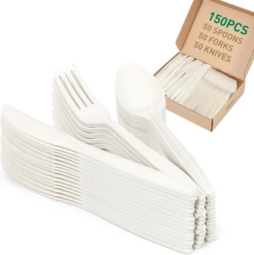 Vista 9 de Tenedor 100% compostable, 7 pulgadas, 150 tenedores desechables de almidón de maíz, cubiertos resistentes con certificación BPI, utensilios