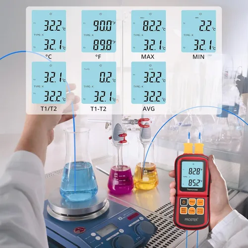 Vista 4 de Proster tester medidor de temperatura con retroiluminación LCD de dos canales con termómetro y termopar digital para clase K/J/T/E/R/S/N, con dos
