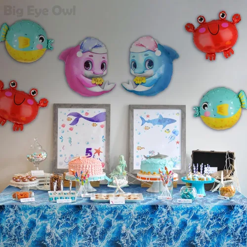 Vista 5 de Mantel de plástico con estampado de olas del océano azul bajo el mar, para playa, piscina, fiesta de cumpleaños, suministros de decoración