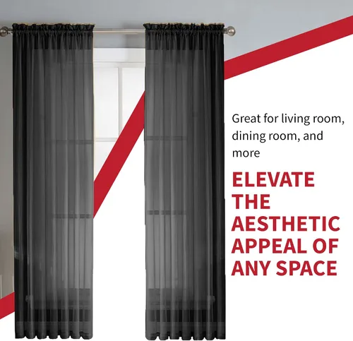 Vista 5 de Sapphire Home Cortinas traslúcidas negras de 63 pulgadas de largo, juego de 2 paneles de cortinas traslúcidas, filtrantes de luz, cortinas Negro