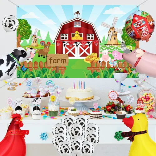 Vista 7 de Sumind Decoraciones de cumpleaños de granja, suministros de fiesta de cumpleaños de granja, suministros temáticos de animales de vaca, telón