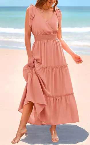 Vista 3 de PRETTYGARDEN Vestido largo de verano con cuello cruzado para mujer, sin mangas, escalonado, con tirantes fruncidos, para la playa, vestido largo
