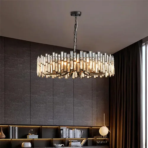 Vista 2 de LOVEDIMA Candelabro negro, cristal redondo de 10 luces de altura ajustable para comedor, dormitorio, sala de estar, vestíbulo, isla de cocina