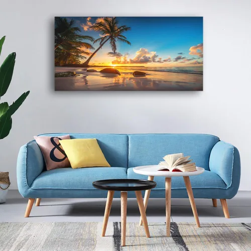 Vista 4 de Aibonnly - Pintura en lienzo de arte de pared, atardecer en una playa tropical con palmeras, 1 pieza, cielo azul, océano, vista al mar, póster