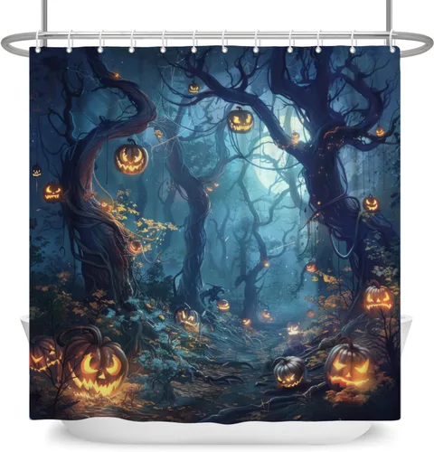 Vista 11 de Cortina de ducha de Halloween, cortinas de ducha de calabaza aterradora para baño, casa cazada de brujas, cortina de baño, cortina de baño