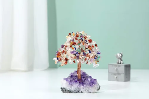 Vista 2 de Jovivi Árbol de Dinero de Cristal Curativo de Gemas de 7 Chakras Naturales sobre Base de Geoda Drusa de Racimo de Amatista, Cristales de Feng Shui