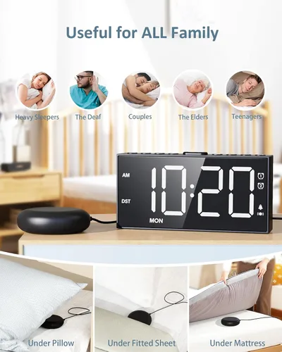 Vista 7 de Reloj despertador ruidoso para personas que duermen con vibración con agitador de cama de 10000 RPM, pantalla LED de 7.5 pulgadas, modo día/fin