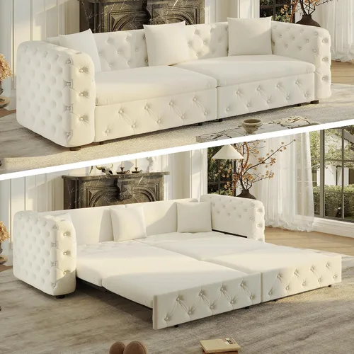 Vista 11 de Polibi Sofá cama extraíble extragrande de 89 pulgadas, sofá cama multifuncional 3 en 1 de 4 plazas con 3 almohadas, sofá clásico copetudo de Gris