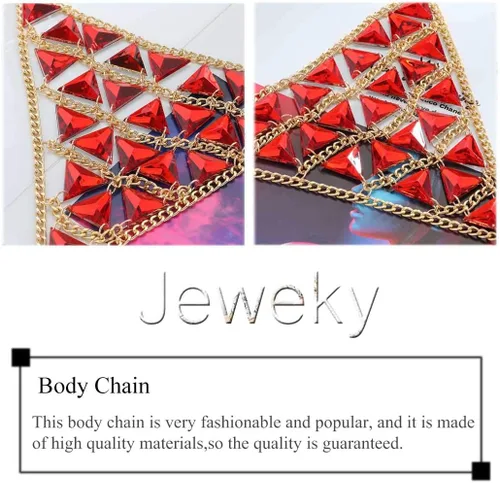 Vista 3 de Jeweky - Brasier con diseño de triángulo rojo y piedras preciosas bohemias, joyería para el cuerpo de bikini de playa para mujeres y niñas