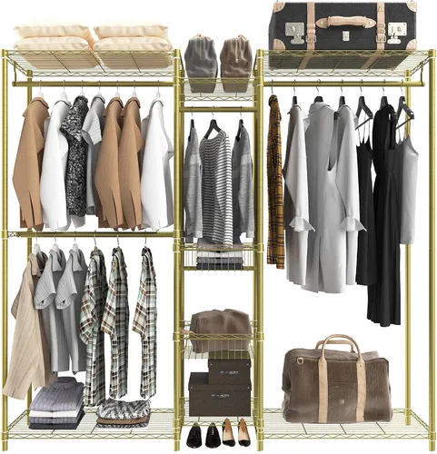 Vista 8 de Xiofio Perchero resistente de 6 niveles con varillas para colgar, estante de metal para ropa, estantes ajustables y 2 cestas de almacenamiento Negro