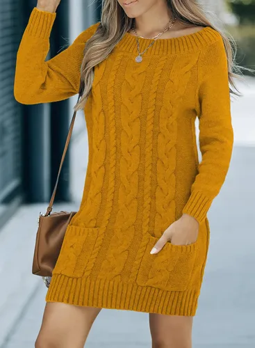 Vista 2 de AZOKOE Vestido de suéter ajustado con hombros descubiertos para mujer, suéter largo de punto