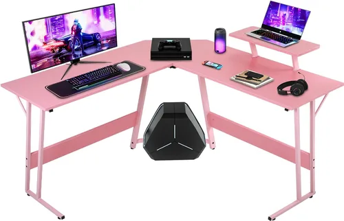 Vista 8 de NChanmar Escritorio para juegos en forma de L con soporte elevador para monitor, escritorio de esquina para oficina en casa para estudiar, trabajar
