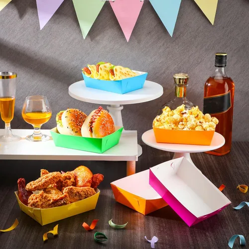 Vista 3 de Hoolerry 48 bandejas de papel neón para fiestas, botes de aperitivos para dulces, palomitas de maíz, nacho, cuenco para servir perros calientes