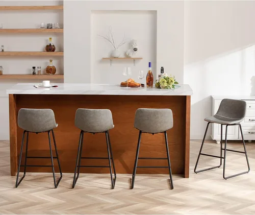 Vista 15 de HeuGah Juego de 2 taburetes de bar de piel sintética, sillas de comedor con patas de metal y respaldo suave, fáciles de montar