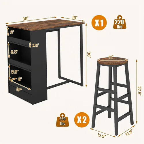 Vista 9 de Giantex Juego de mesa de comedor de 3 piezas, mesa de cocina rectangular de 36 pulgadas y 2 taburetes de bar con estantes de almacenamiento, juego
