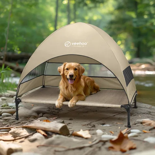 Vista 7 de Veehoo Cama para perros al aire libre con toldo, cama elevada de enfriamiento para perros con sombra extraíble, pies antideslizantes, cama elevada