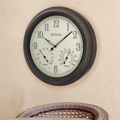 Vista 2 de Bulova Weather Master C4813 - Reloj de pared con marco de metal de bronce bruñido de 18 pulgadas con iluminación LED, termómetro e higrómetro