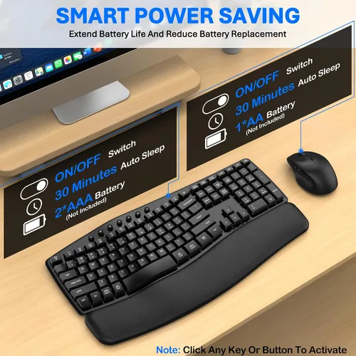 Vista 6 de Combo ergonómico de teclado inalámbrico y mouse, conexión EDJO Bluetooth/2.4G de modo dual, reposamuñecas de espuma suave, escritura silenciosa