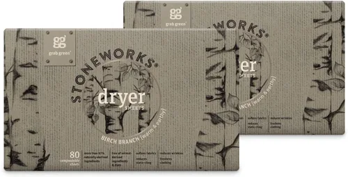 Vista 11 de Grab Green Stoneworks - Hojas compostables para secadora, aroma de rama de abedul, 80 unidades, suavizante de ropa a base de plantas y minerales que