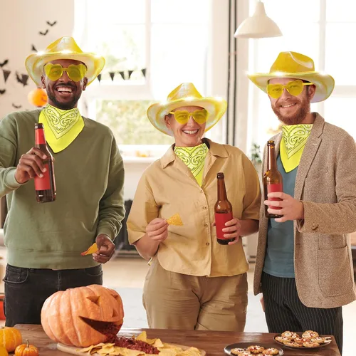 Vista 7 de Unittype Paquete de 18 sombreros de vaquero, sombrero de vaquera para novia, sombrero LED de vaquero espacial con 6 gafas, 6 bandana para mujer