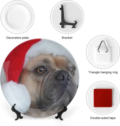 Vista 3 de Platos decorativos de Navidad para exhibición, Bulldog con sombrero de Papá Noel, divertidos platos de pared de cerámica de animales, platos