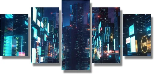 Vista 85 de Lienzo decorativo para pared, diseño de ciudad futurista Cyberpunk para sala de estar, impresión multipanel, obra de arte de cocina, pintura