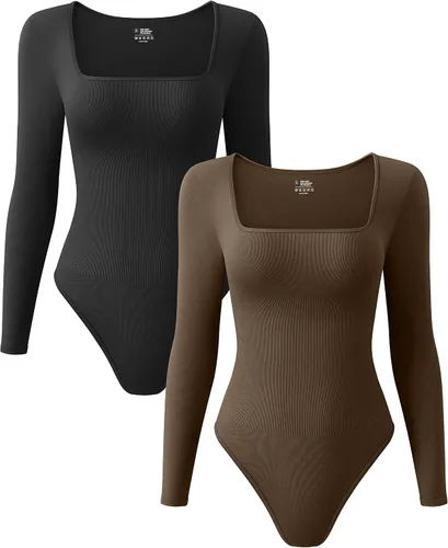 Vista 15 de OQQ Body de 2 piezas para mujer, sexy, acanalado, de una pieza, cuello cuadrado, manga larga, tops Negro Beige
