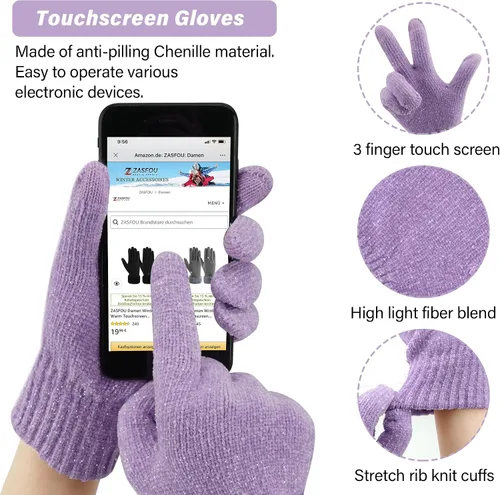 Vista 4 de Gorros de invierno para mujer, bufanda, calentador de cuello, guantes de pantalla táctil, con forro polar cálido, gorras de calavera de punto