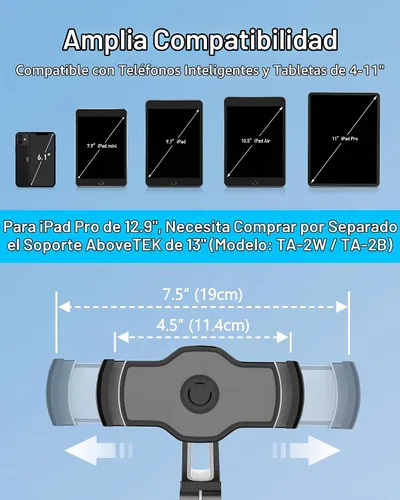 Vista 2 de AboveTEK Soporte de succión para iPad, soporte para tableta de teléfono con ventosa para tableta de 4 a 11 pulgadas, tableta, teléfono, iPad Negro
