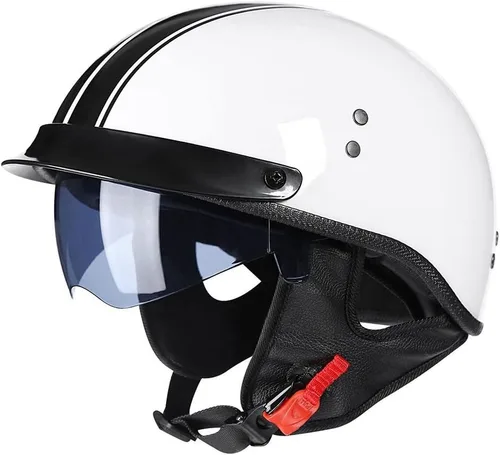 Vista 10 de Casco retro de motocicleta para adultos, hombres y mujeres, aprobado por DOT, estilo alemán, cascos de media cara con gafas desplegables, visera