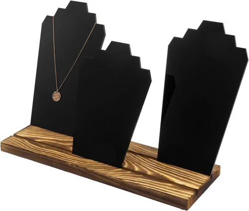 Vista 6 de MyGift Busto de 3 paneles de acrílico negro moderno con base de madera maciza quemada rústica, caballete ajustable en forma de cuello, soporte