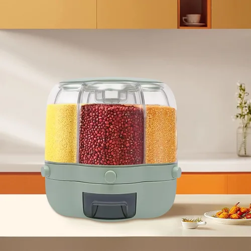 Vista 6 de Dispensador de granos de 6 rejillas, dispensador de alimentos secos de grano giratorio de 360°, contenedor de almacenamiento de arroz y granos