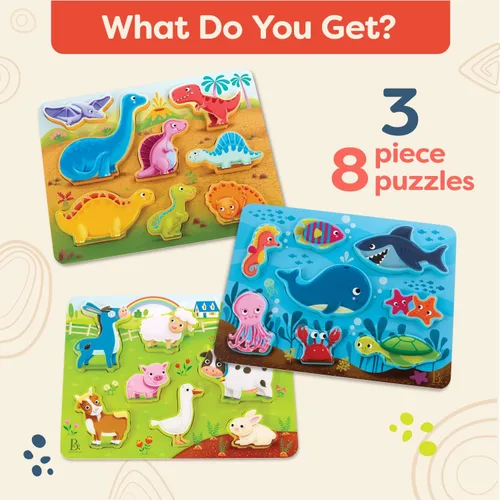 Vista 6 de B. toys – Mira y Explora 3 – Pack – Granja, Mar, Dinos – Juego de Rompecabezas Grueso 3 – Pack – Rompecabezas de Madera – 8 Piezas Cada Uno – 2+