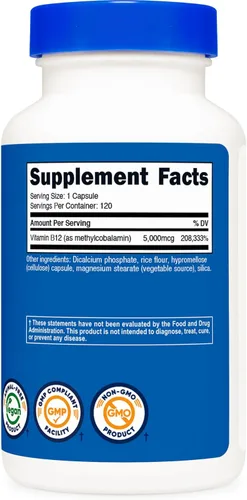 Vista 5 de Nutricost Vitamina B12 (metilcobalamina) 5000mcg, 120 cápsulas – Cápsulas vegetarianas, sin OMG, suplemento B12 sin gluten