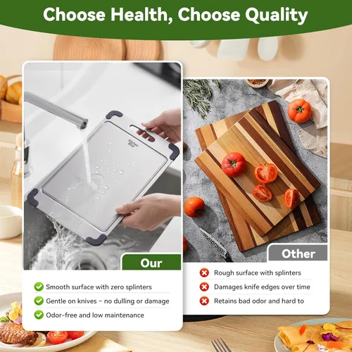 Vista 5 de Tabla de cortar de acero inoxidable, tabla de cortar de acero apto para alimentos de doble cara para cocina con 2 raspadores de limpieza, tabla