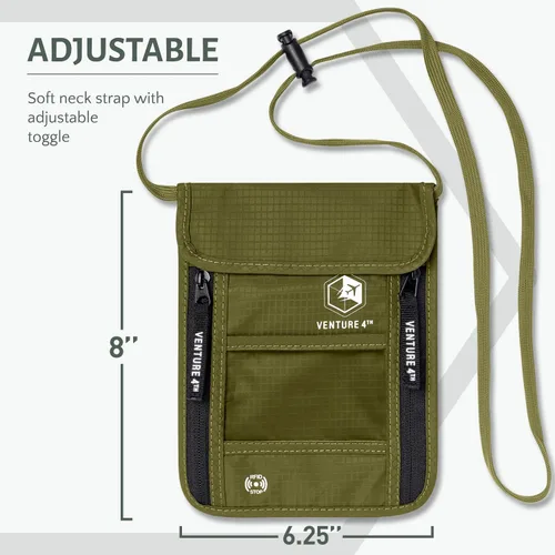 Vista 2 de Cartera de viaje para el cuello con bloqueo RFID, bolsa de cuello para pasaporte para hombres y mujeres para mantener los documentos seguros, Verde