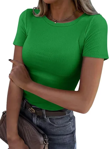 Vista 21 de Roselux - Camiseta ajustada de manga corta con cuello redondo de canalé, camiseta básica de punto. Beige