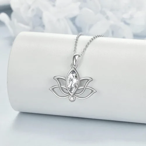 Vista 2 de YFN Collar de loto de plata de ley con colgante de piedra natal de loto, joyería de loto, regalos de cumpleaños para mujeres y niñas, Plata