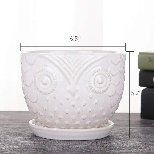 Vista 2 de VanEnjoy Macetas de cerámica de búho blanco de 6.5 pulgadas para plantas medianas, suculentas, con platillo