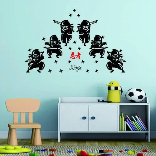 Vista 5 de Calcomanías de pared de ninja y samurái, siluetas de guerrero japonés con espadas, calcomanías de PVC extraíbles para habitación de niños, sala