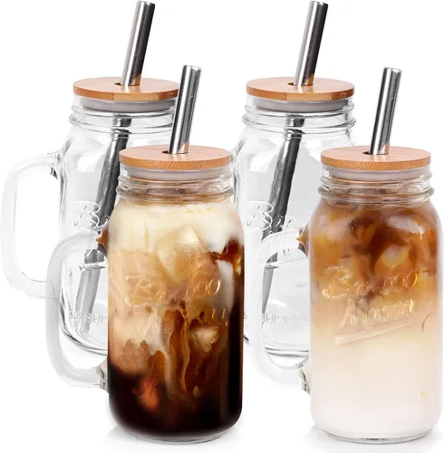 Vista 10 de ANOTION Tarro Mason con Tapa y Pajita, Tarros Mason de Boca Regular de 24 oz con Asa, Vasos para Beber, Vaso Tipo Tumbler, Tazas Reutilizables