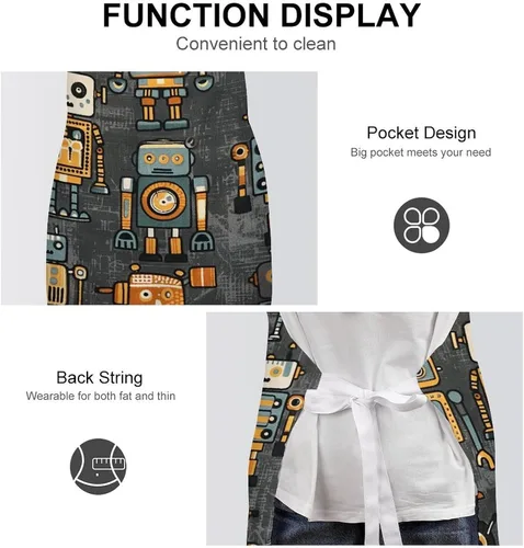 Vista 6 de MUSM Apron for Adults - 27.6 X 31.5 Inch, Heavy-Duty Polyester Aprons with Two Large Pockets, Waterproof Retro Style Robot Kitchen Apron for