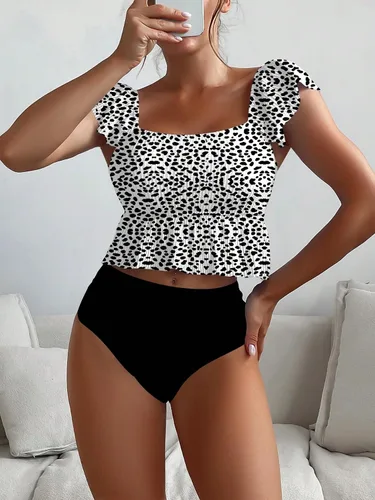 Vista 5 de SOLY HUX Traje de baño de 2 piezas para mujer con ribete de volantes y cintura alta