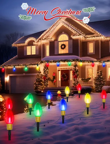 Vista 7 de C9 - Luces de camino de Navidad para exteriores, juego de 4 luces de Navidad para césped al aire libre con bombillas LED C9 transparentes multicolor