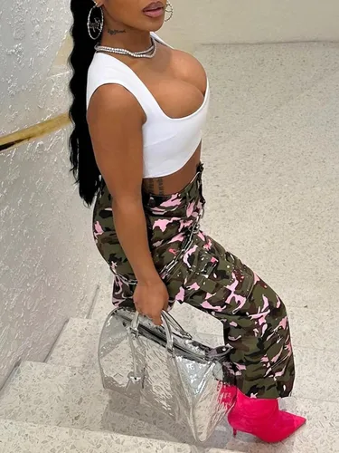 Vista 5 de Famnbro Camo Pants Women Mid Waist Straight Leg Baggy Camouflage Cargo Pants Streetwear Trousers