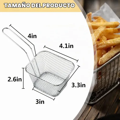 Vista 2 de 12 cestas cuadradas de acero inoxidable para freír con asa, cestas de alimentos para servir reutilizables, mini freidora con cesta para cocina
