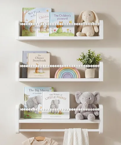 Vista 11 de Juego de 3 estantes para libros de guardería para pared, estantes de madera natural, decoración de pared, pequeño organizador flotante