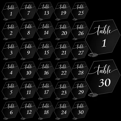 Vista 2 de 30 piezas de acrílico números de mesa 1-30 para recepción de boda, números de mesa transparentes 1-30 con soporte rectangular hexagonal para boda