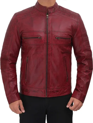 Vista 3 de Blingsoul Chaqueta de cuero para hombre Cafe Racer de cuero envejecido, chaqueta de motocicleta para hombre